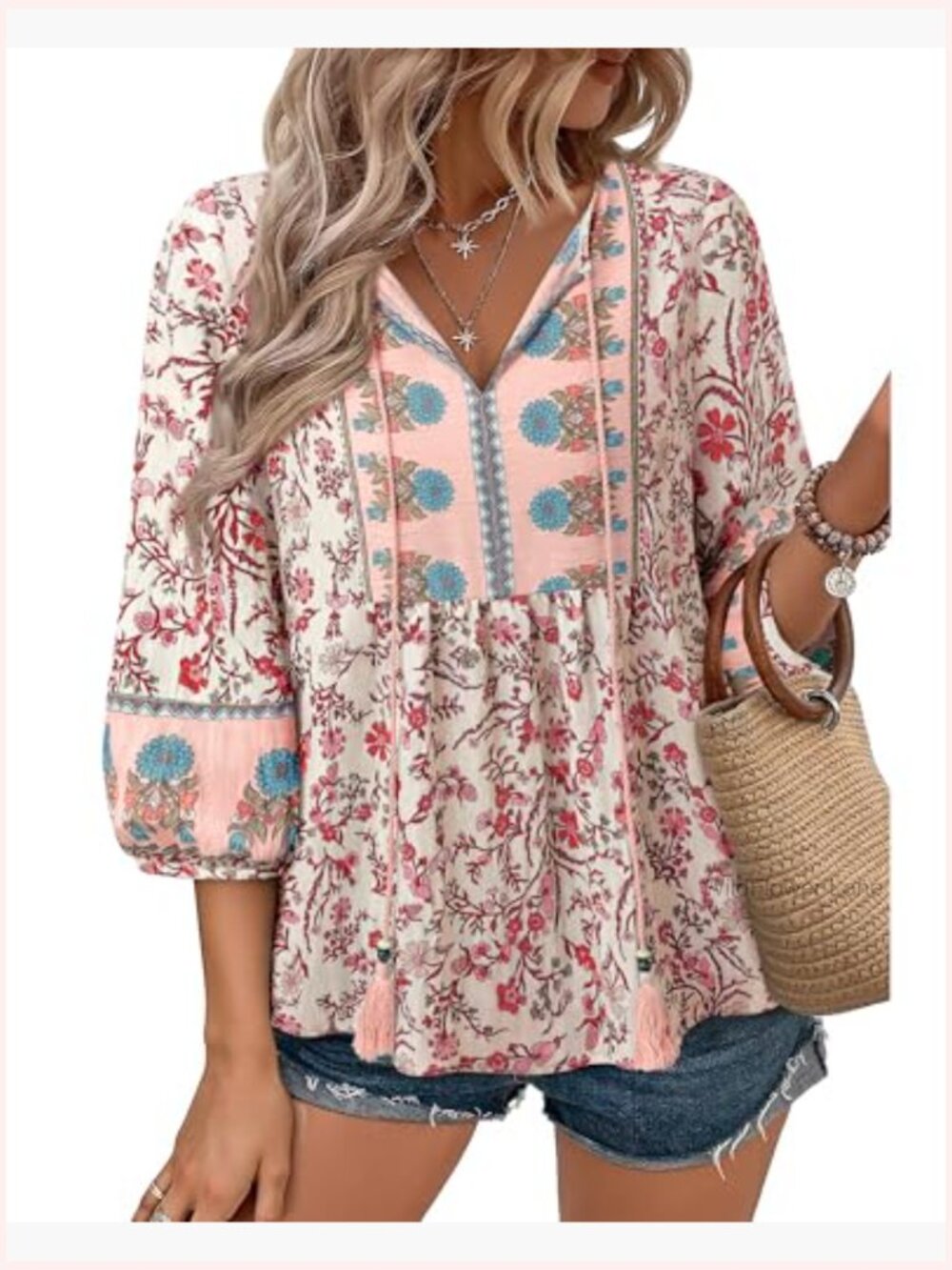 Boho Babydoll Top 3/4 Lantern Sleeve Peplum Blouse V-Neck Tie Front Tunic - Picture 2 of 7